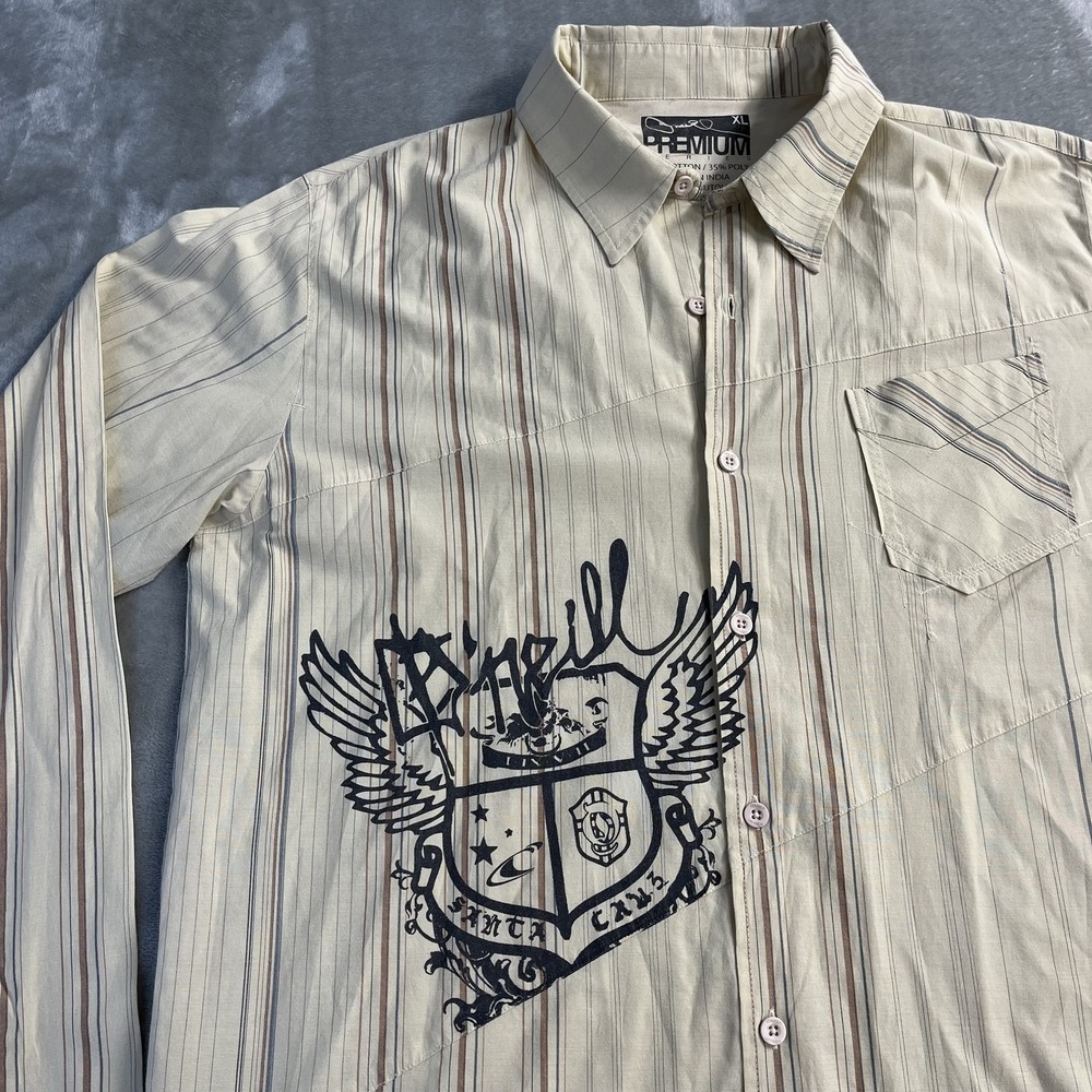 O'Neill Shirt Mens XL Beige Stripe Long Sleeve Button Up Graphic Surf Grunge Y2K